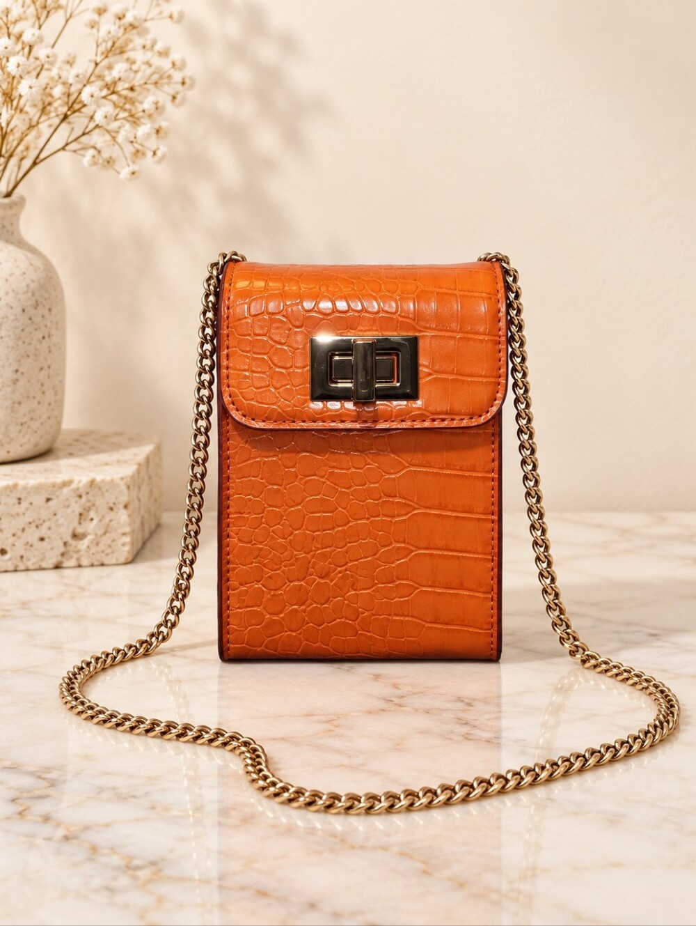 CROSSI | Orange Croc Embossed Mini Crossbody Bag Gold Chain Purse- NWOT